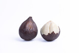 A whole salak fruit beside a peeled one showing juicy flesh, isolated on white. Perfect for tropical, exotic, organic, and healthy food concepts.
