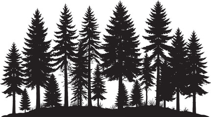 Vector art of a silhouette of a dense forest of pine and evergreen trees isolated on a transparent background