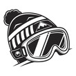 © Bakkar - Stylized black and white illustration of a ski beanie with a pom pom and a pair of ski goggles featuring a mountain graphic perfect for winter sports and adventure themes