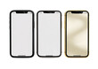 © Rara - Three blank smartphones in different colors (black, white, gold) displayed horizontally.  Each phone shows a blank screen and a protective case
