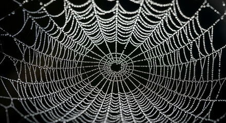 Close-up view of a spiderweb with dew drops, intricate design.