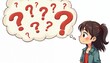 © Vadym - Thoughtful girl with questions mark in thought bubble. Cartoon woman thinking, questioning. Doubt, uncertainty, mulling over ideas. Curiosity, inquisitive, wonder concept. Illustration of