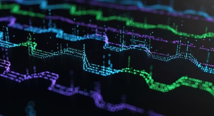 Abstract data visualization with colorful lines and dots on black background.