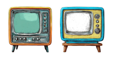 Two vintage television sets, side-by-side.  Colorful, cartoonish style, showing  retro electronics.  Empty screens,  controls and wooden stands