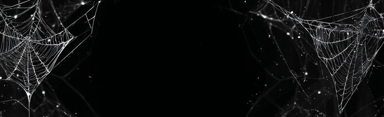 White spider webs with small droplets on a dark black background, creating a spooky and intricate pattern.