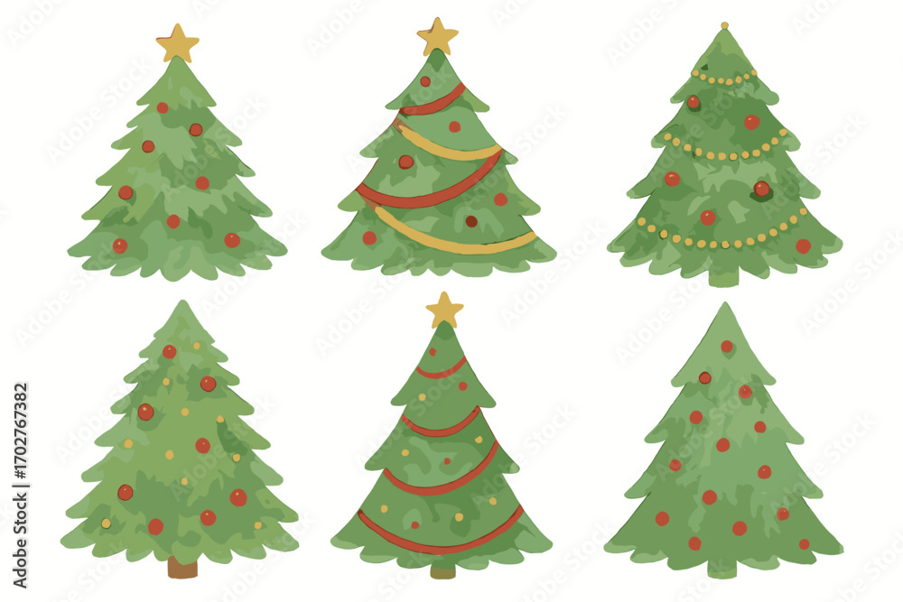 Christmas tree silhouette icons set – flat, outline, holiday and festive symbols