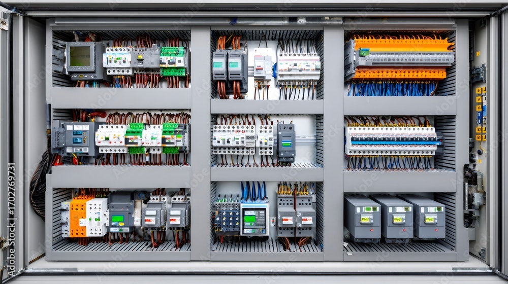 Electrical cabinet showing wiring, relays, and circuit breakers Stock ...