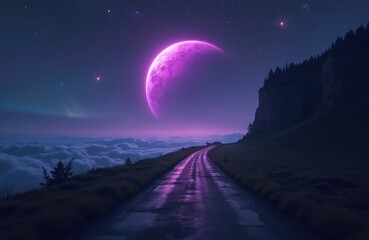 Wall Mural - Illustration of lonely road leading towards cliff under vibrant purple planet sky. Faint auroras, distant galaxies form backdrop, with sea of clouds below horizon. Surreal landscape offers sense of