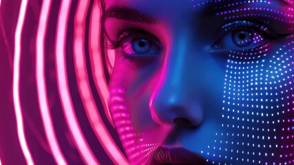 Wall Mural - A woman's face, set against a backdrop of neon lights, showcasing a blend of technology and artistry.
