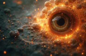 Wall Mural - Abstract illustration of human eye within swirling vortex of cosmic dust, nebulae. Eye, rendered in scientific style, surrounded by glowing particles, textured celestial bodies. Colors blend orange,
