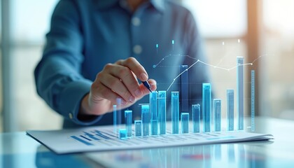 Close-up of hand with pen analyzing 3D chart, diagrams on paper. Business analytics of company financial growth, trading data, investment trends, planning, strategy. Financial report, data analysis.