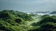 © Hasni - A serene coastal landscape showcasing rolling hills of vibrant green seaweed, gently kissed by the misty spray of crashing waves under a tranquil sky