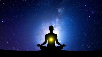 Wall Mural - Silhouette of meditative human figure on a hilltop against a backdrop of stars and galaxies in a tranquil cosmic scene.