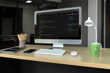 Software development programming on computer screen for modish application and program coding