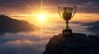 © TrueVision Stock - A golden trophy cup rests on a mountain top, framed by a colorful sunset backdrop
