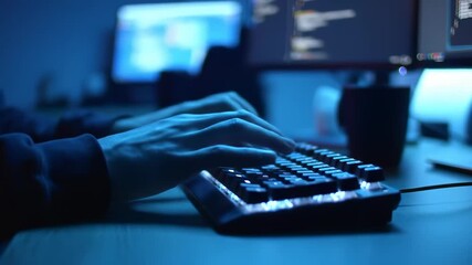 Programming Developer Typing Code at Night with Illuminated Keyboard