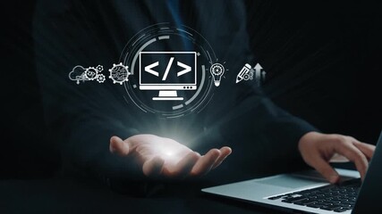 Modern web development concept featuring coding symbols, web development process, web development interface, and web development tools with futuristic design. Elide