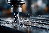 Metal shavings are flying as an industrial milling machine drills into a metal workpiece, showcasing precision and manufacturing processes in a workshop environment