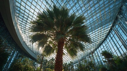 Awesome photo of palm tree inside a modern glass greenhouse structure.