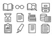 © Olha - Research and Data Icons. Line style icons of research and data search: book open with tabs, reading glasses, search in