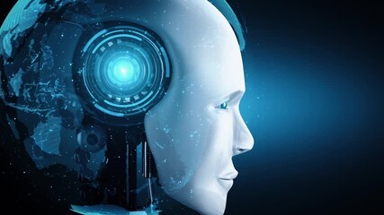 Wall Mural - robot hominoid face close up with graphic concept of big data analytic by ai thinking brain, artific