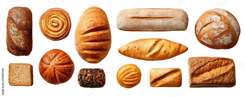 Variety of baked bread loaves in different shapes and sizes Stock ...