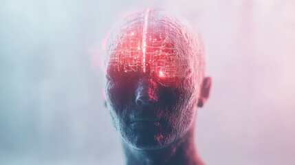 Cybernetic Humanoid: Glowing Circuitry Brain, Futuristic AI Concept, Red Illumination