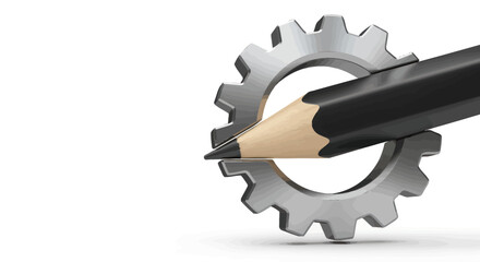 Creative engineering concept illustration: A pencil intersecting with a gear on a white backdrop