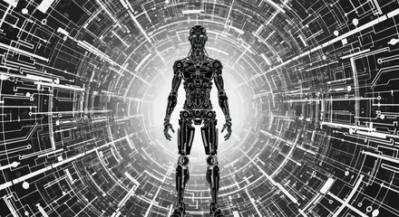 Futuristic humanoid robot standing inside a network of complex digital circuitry