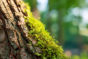 Wall Mural - Close-up of Tree Bark Covered with Fresh Green Moss, Selective Focus on the Texture