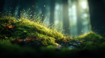 Wall Mural - Lush Moss and Dewdrops in Enchanted Forest: A Scene of Natural Beauty and Tranquility