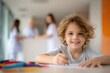 © The Little Hut - Smiling Young Boy Drawing with Colorful Markers in a Bright and Modern Setting
