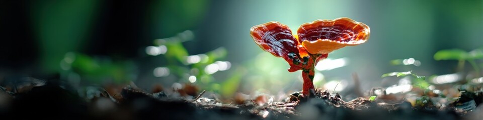 Wall Mural - Unique mushroom pair growing in dark soil, illuminated by sunlight in the forest