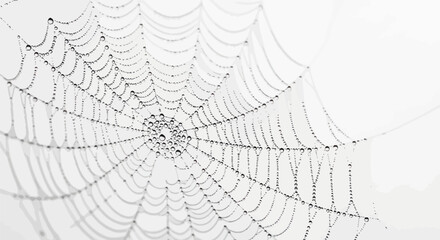 Delicate dewdrop covered spiderweb shimmering against a serene white background