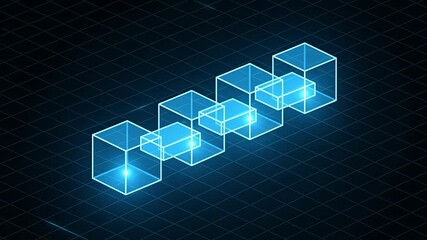 Digital blockchain technology concept with glowing cubes and data transfer.