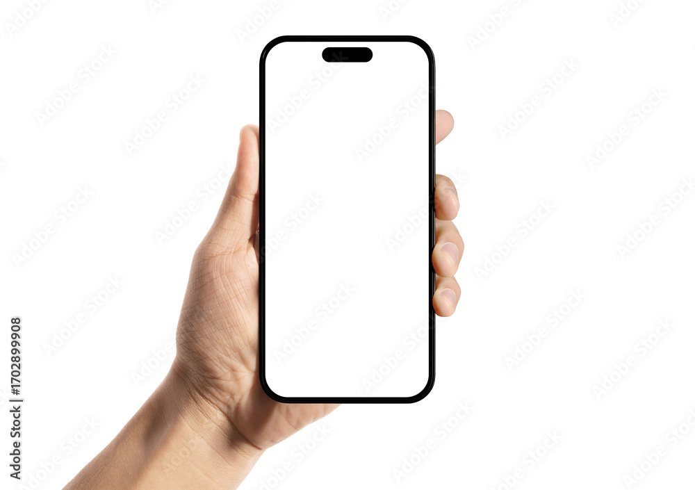 Hand holding smartphone mockup with blank white screen isolated on ...