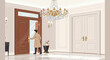 © dorahman - Elegant interior scene featuring a man entering through a grand doorway with chandelier