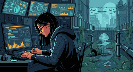 Cyberpunk programmer working in a dystopian urban environment with data streams