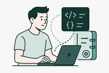 Creative male software developer engaging with digital code while working on a laptop creating innovative applications in a modern workspace filled with technological advancements and inspiring
