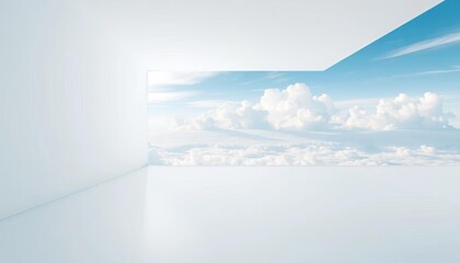 Wall Mural - A stark white room, one wall replaced by a boundless sky,  indoor,  visual