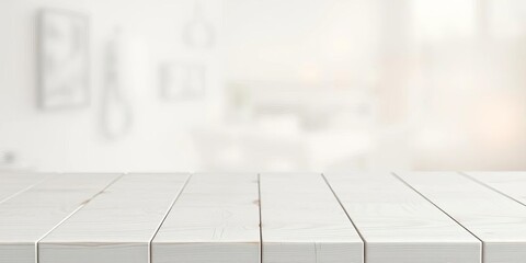 Wall Mural - Clean white wooden tabletop against a soft, blurry abstract backdrop, minimal, bright