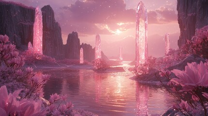 Wall Mural - Pink crystal landscape at sunset.