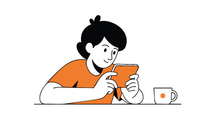 Smiling person engrossed in tablet screen, enjoying a moment with coffee nearby