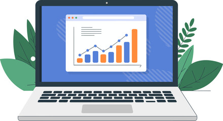 Vector art of laptop showing growth chart with plants in background