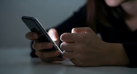 A person is holding and using a smartphone, with the screen illuminating their fingers in a dark environment.