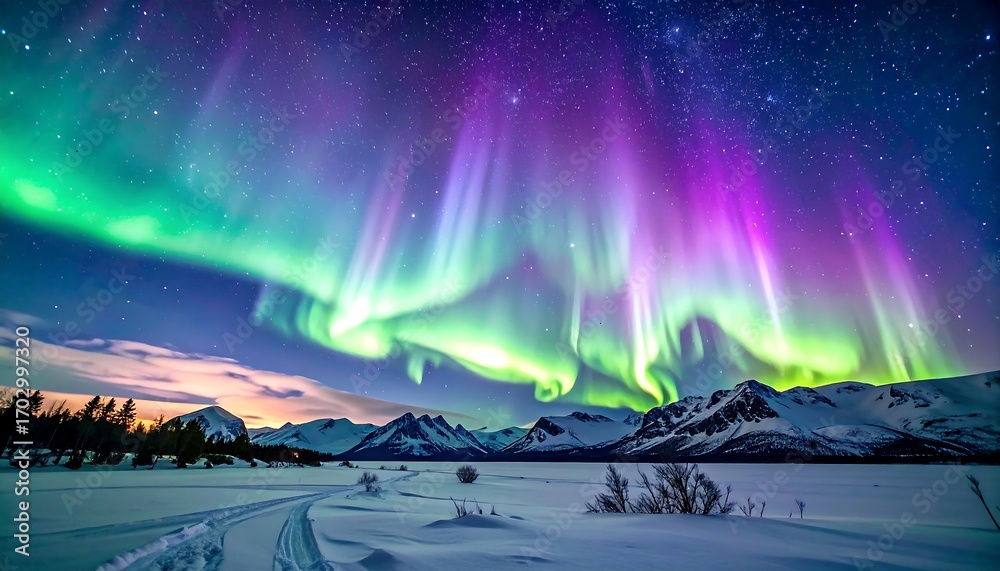 Vivid aurora borealis dances across a starry night sky, illuminating ...