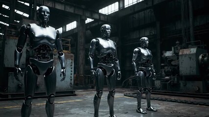 Sleek robots stand in a gritty, industrial factory ready for futuristic operations and advanced automation tasks.