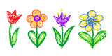 Chalk drawing of four colorful flowers with simple shapes and playful style. Hand drawn crayon scribble illustration with bright and cheerful mood.
