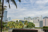 The atmosphere of the swimming pool in a luxury hotel in the city center. 