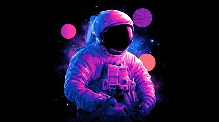 Wall Mural - Astronaut in vibrant space scene, capturing cosmic beauty with colorful planets in the background
